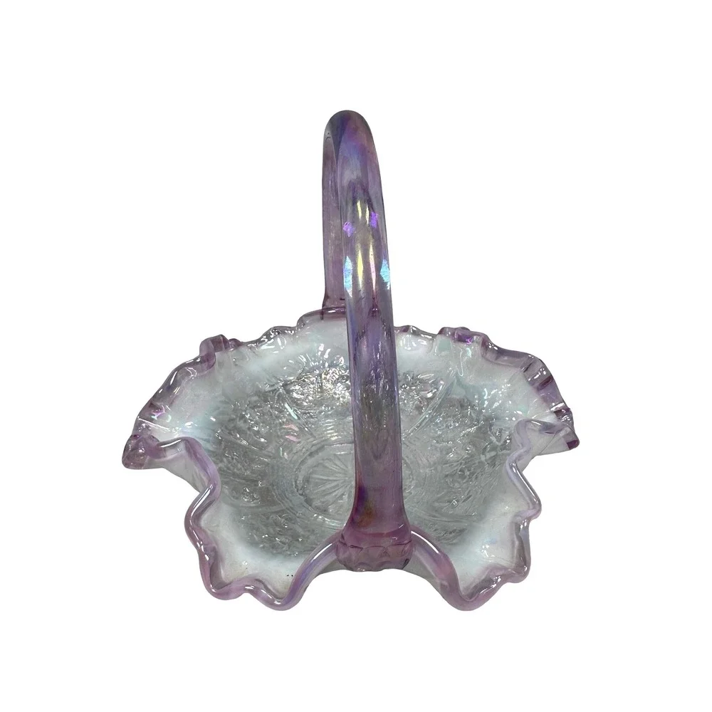 Fenton Iridescent Clear Carnival Glass Floral Basket Ruffled‎ Edge Pink Handle